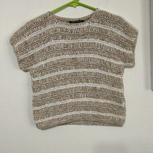 Vintage I.B. Diffusion Tan White Striped Smocked Knit Cap Sleeve Top Small